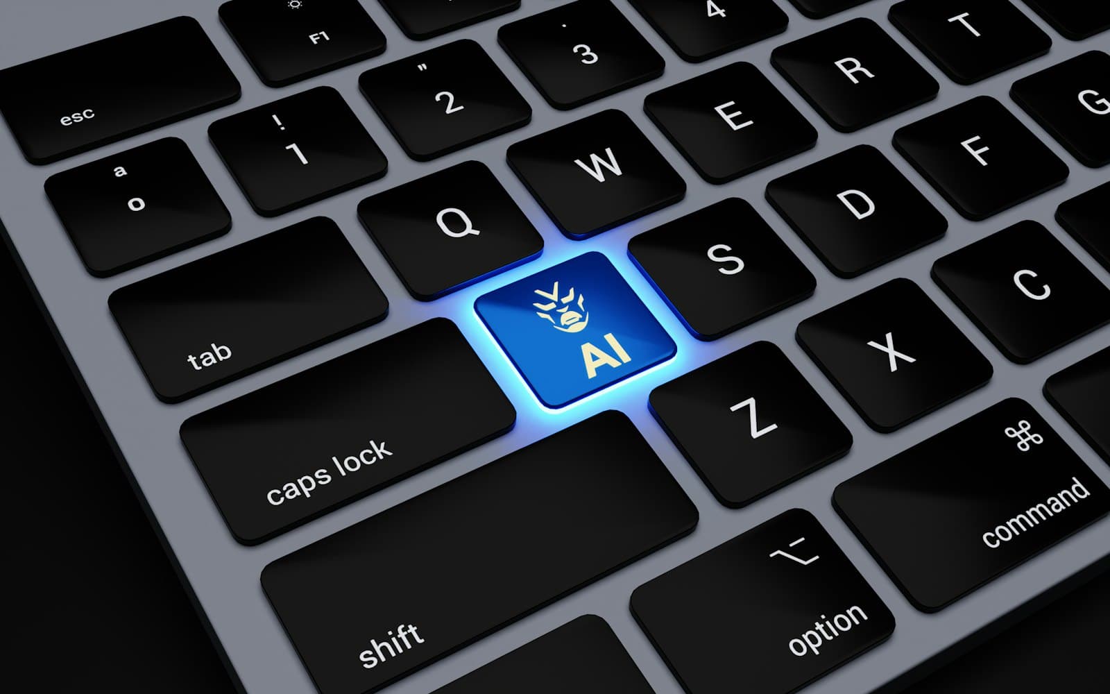 Laptop keyboard with a glowing blue AI key