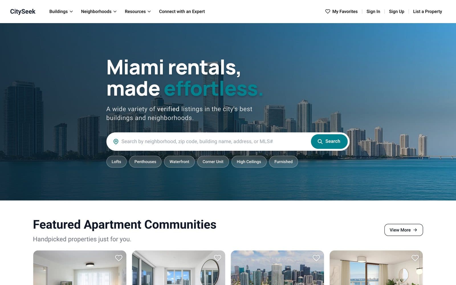 CitySeek home page with the headline Miami rentals, made effortless and a search bar over the Miami skyline