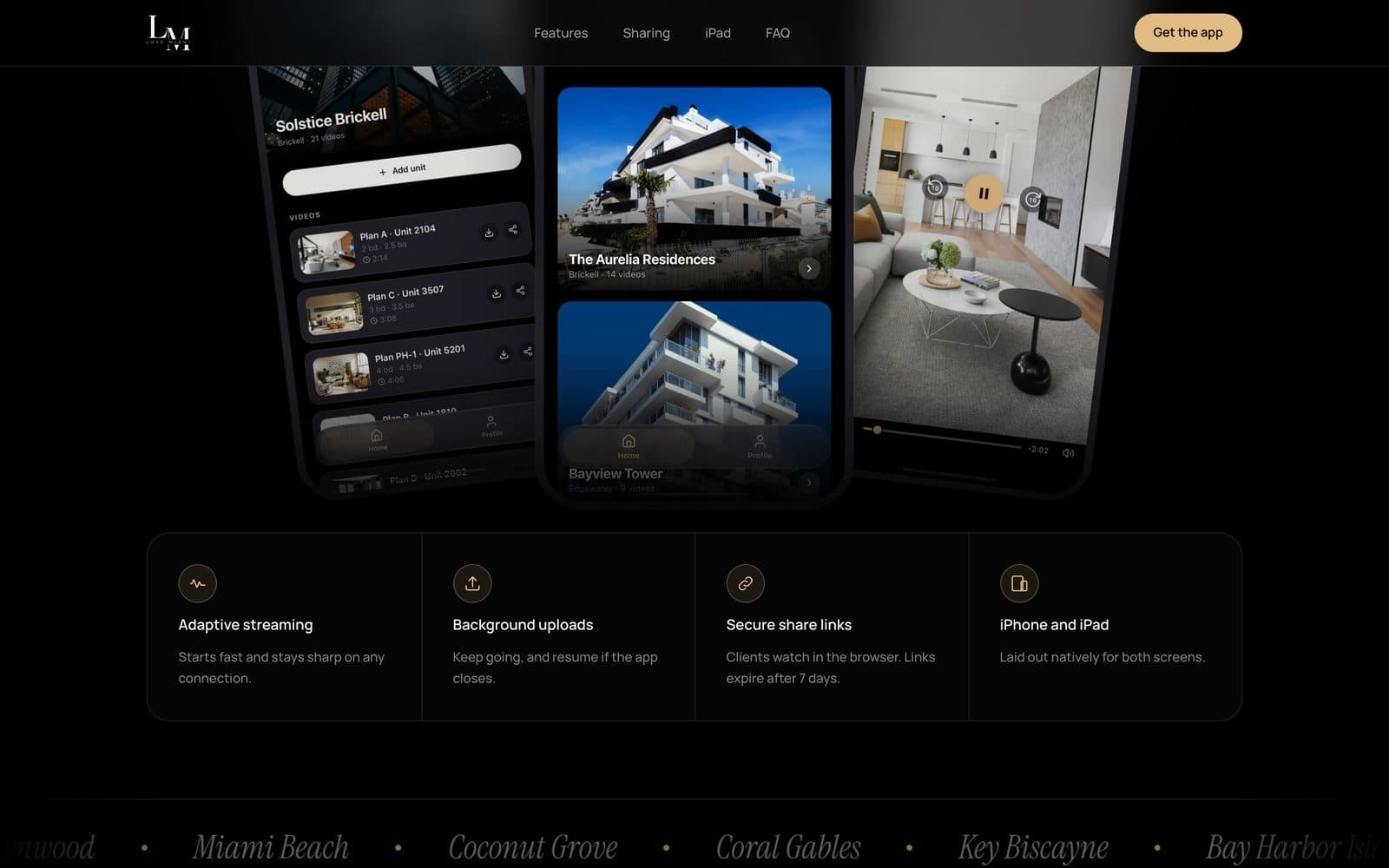 LuxeHQ iPhone screens showing a building list, a building photo card, and a unit walkthrough video, above four feature cards