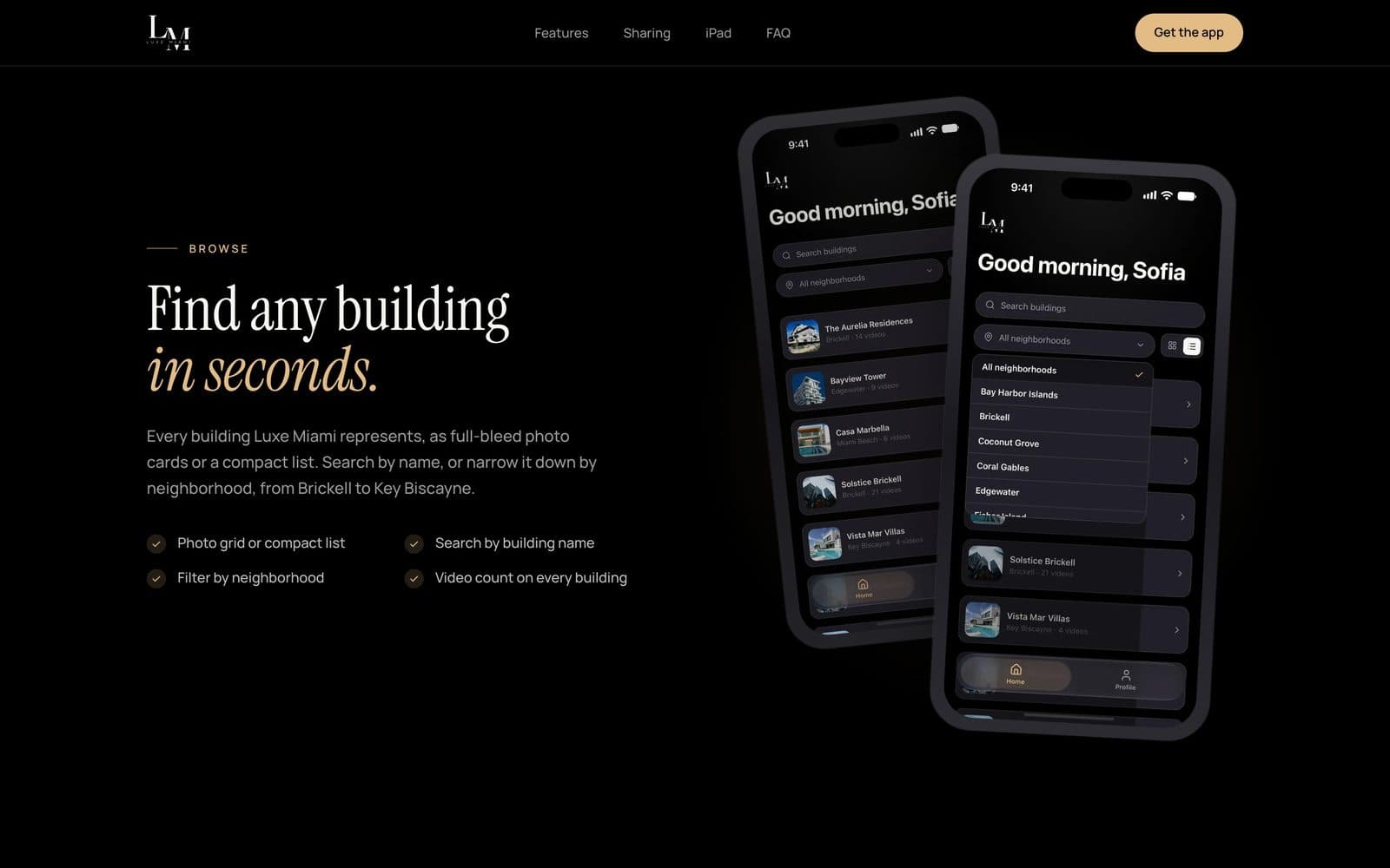 LuxeHQ building search on iPhone with a neighborhood filter listing Brickell, Coconut Grove, Coral Gables, and Edgewater