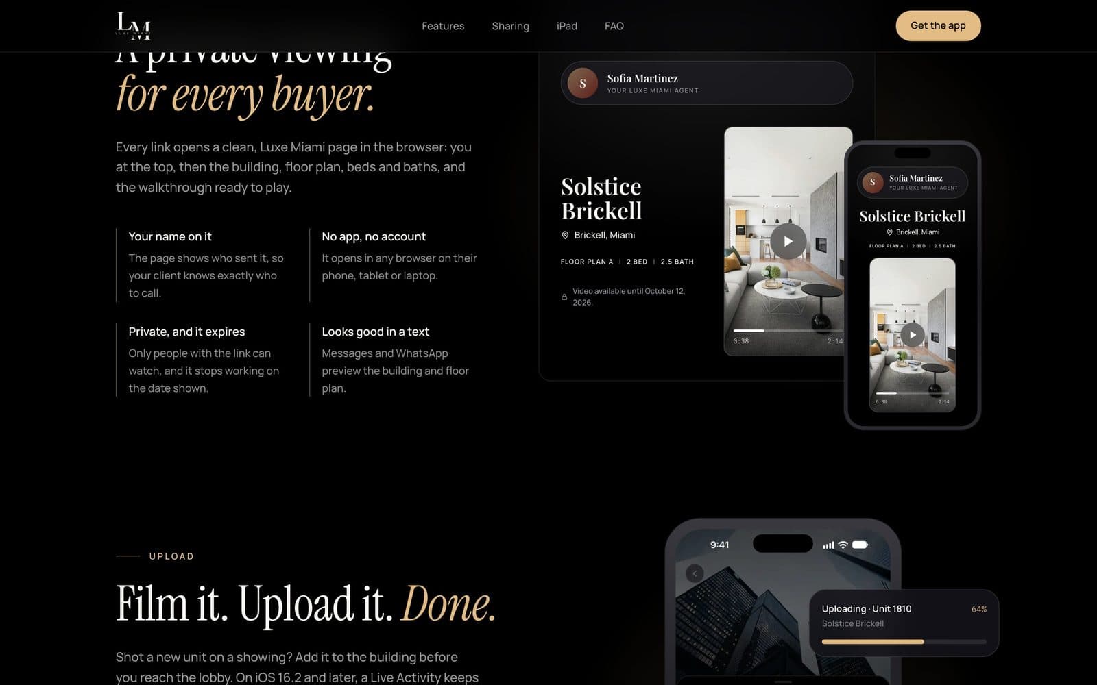 The LuxeHQ client viewing page with the agent's name, the building, floor plan details, and a walkthrough video