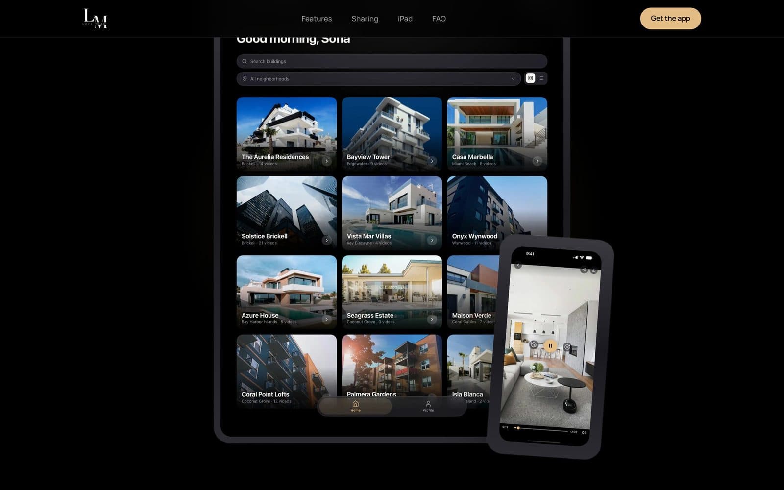 LuxeHQ on iPad showing a three-column grid of Miami buildings, with an iPhone playing a unit walkthrough