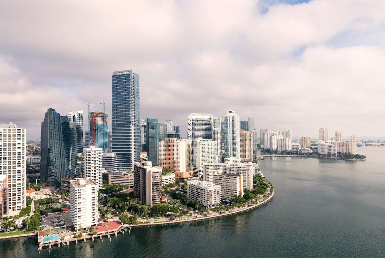 Aerial view of Brickell Key and the Miami skyline across Biscayne Bay