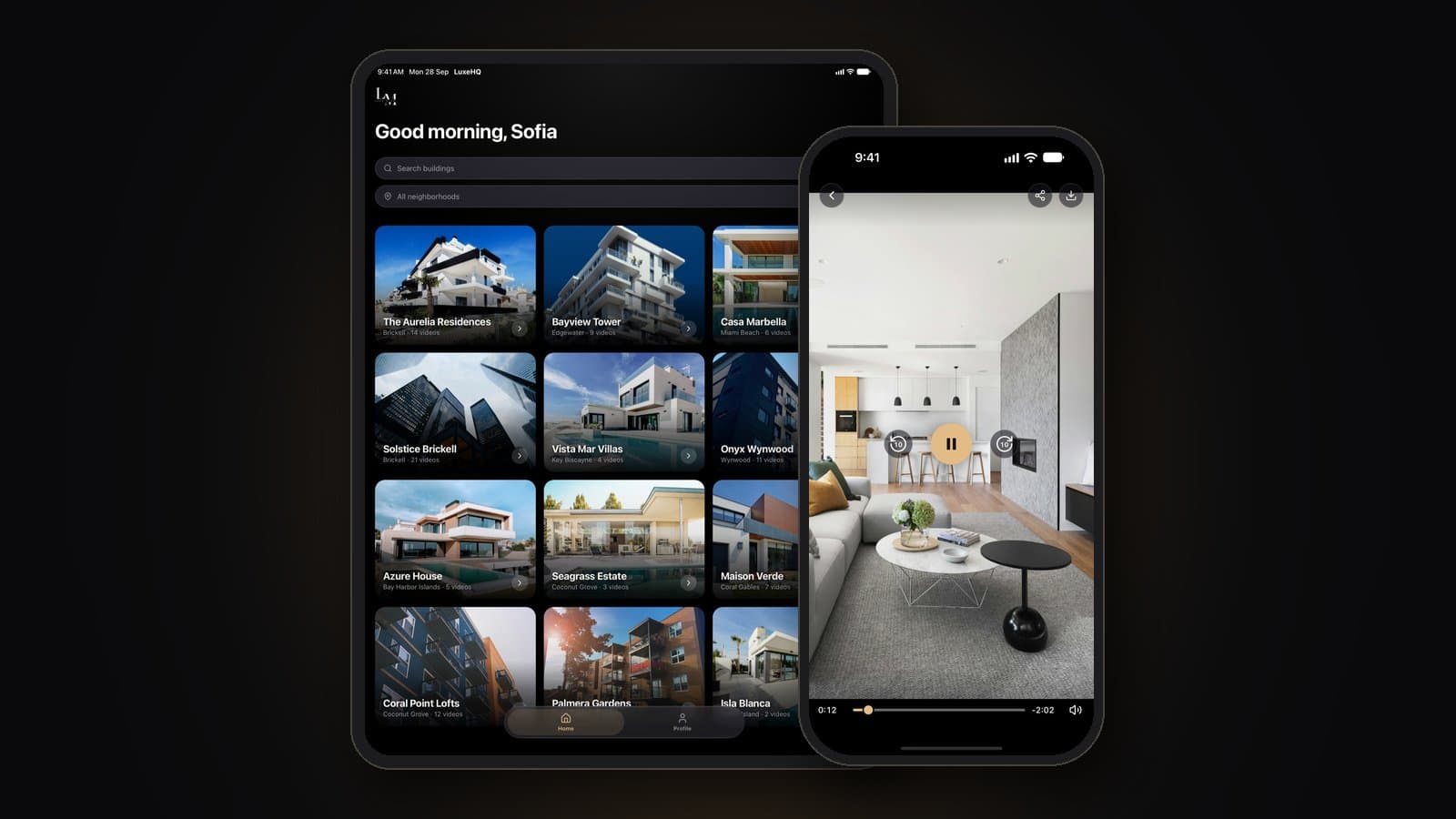 LuxeHQ React Native app on iPad showing the Miami building directory, next to an iPhone playing a unit video walkthrough