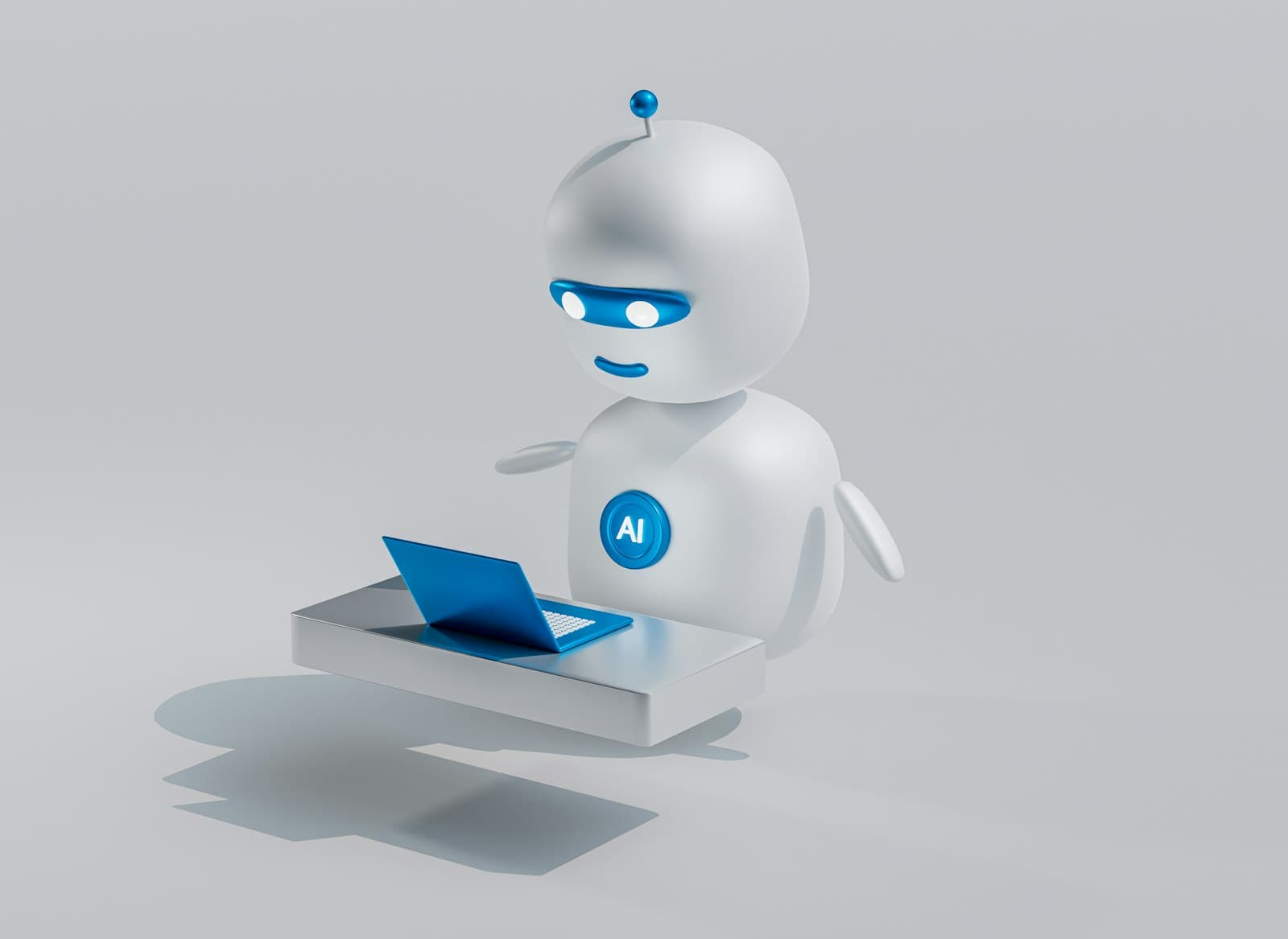 Robot figure working on a laptop