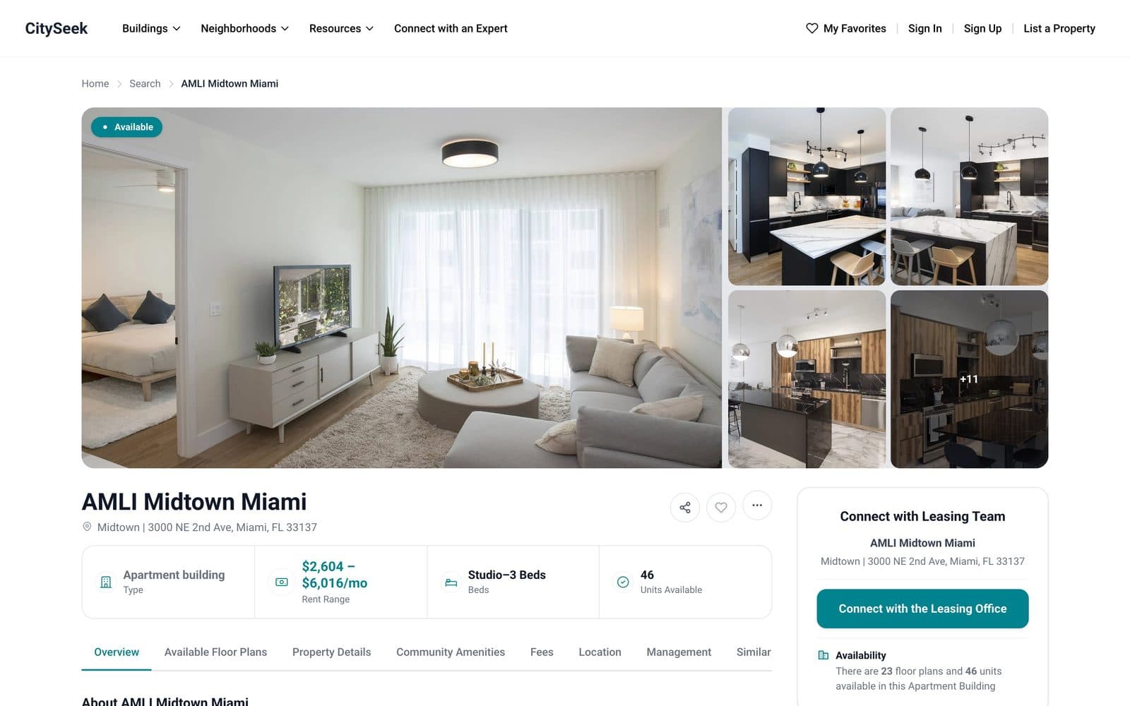 CitySeek building page for AMLI Midtown Miami with a photo gallery, a rent range of $2,604 to $6,016 a month, and 46 units available