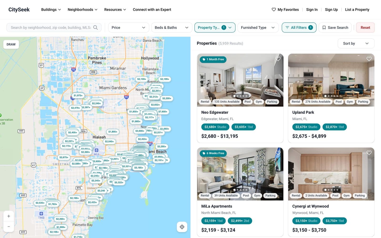 CitySeek map search with rent prices pinned across Miami next to apartment listing cards