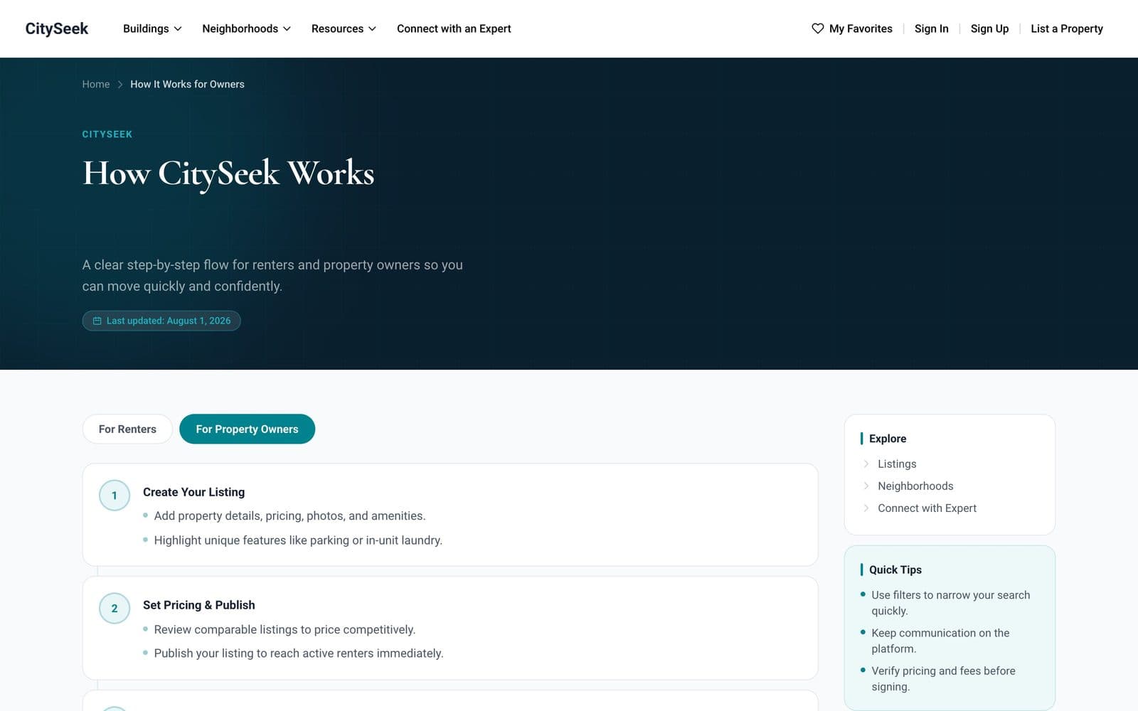 CitySeek guide for property owners showing the steps from creating a listing to publishing it