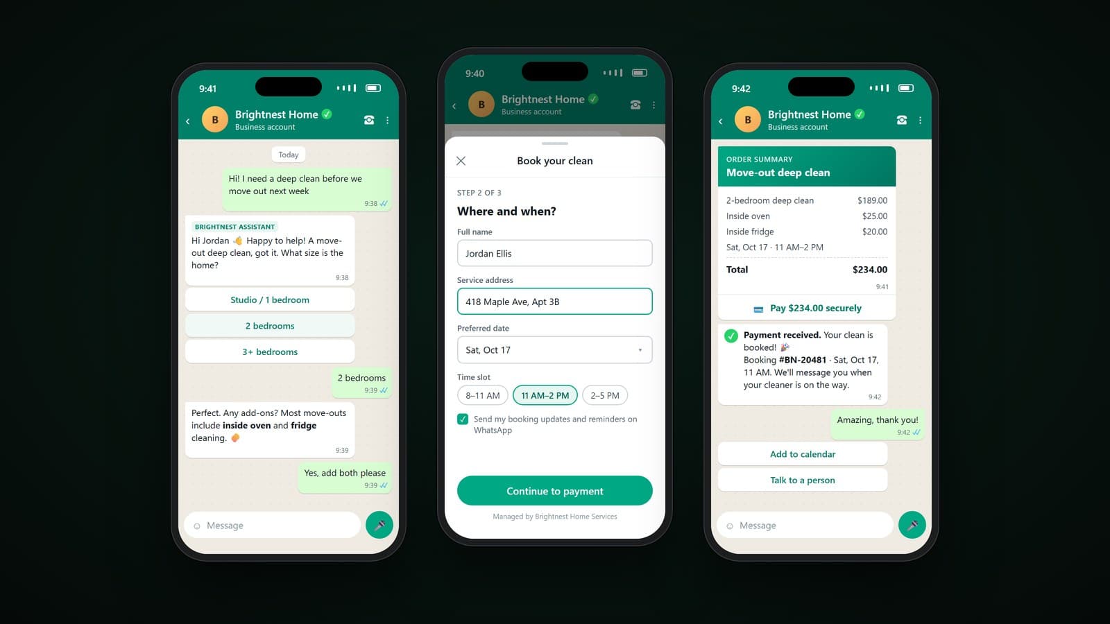 Brightnest WhatsApp bot on three phones: the AI assistant asking about home size with quick-reply buttons, an in-chat booking form for date and time slot, and an order summary with a pay button and booking confirmation