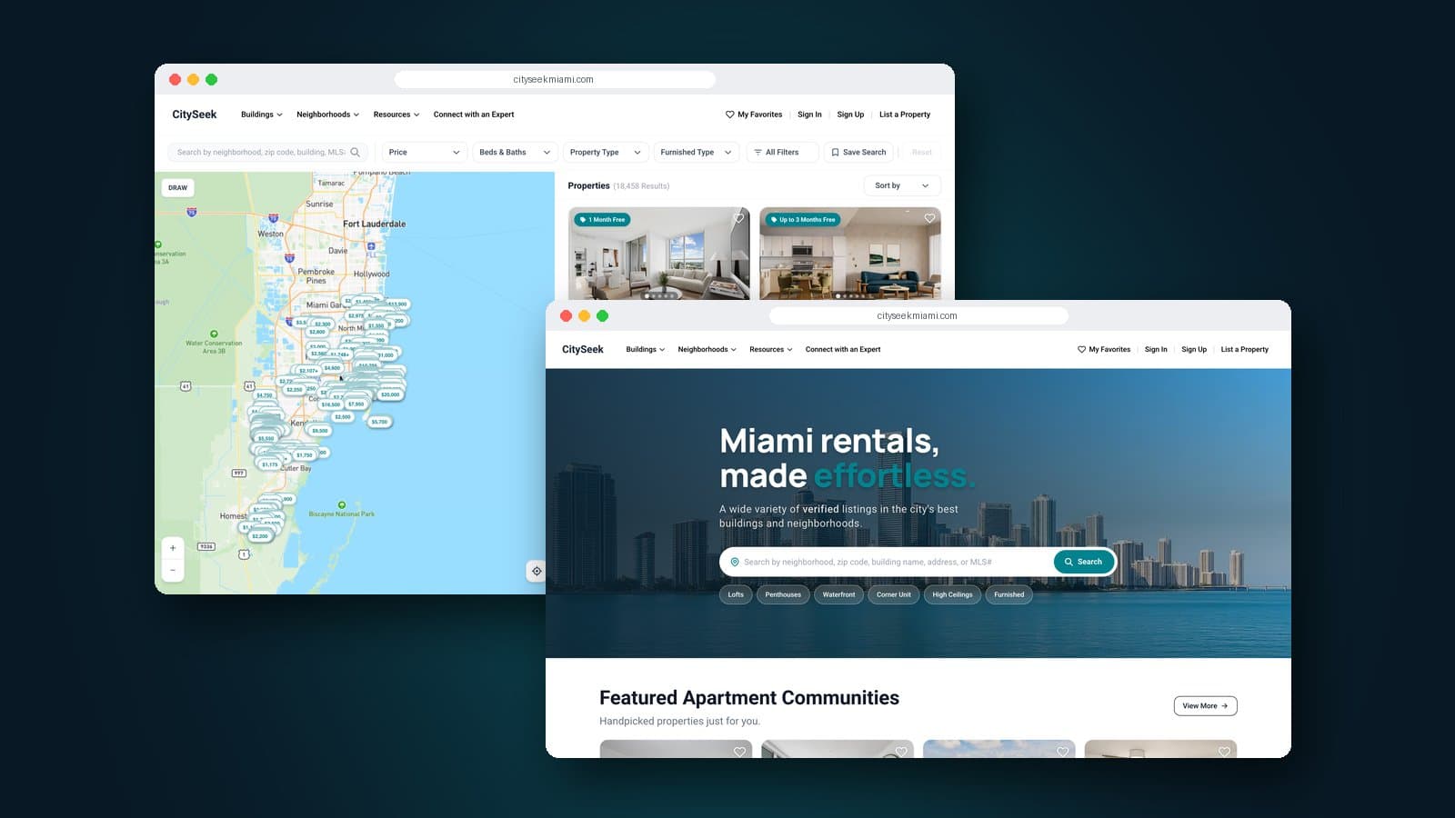 CitySeek — A rental marketplace and neighborhood-matching platform for Miami renters and property owners, replacing spreadsheets and third-party listing sites with a real branded platform.