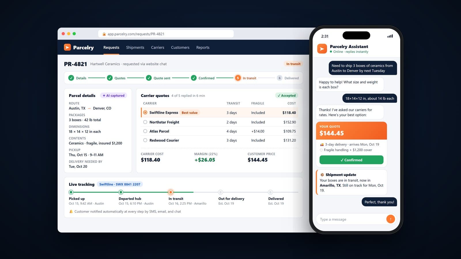 Parcelry operations dashboard showing AI-captured parcel details, four carrier quotes with the best-value option selected, carrier cost plus a 22% margin, and live tracking, next to a phone with the customer chat, quote, and shipment update